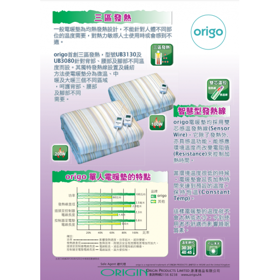 ORIGO 奧高 UB3080L 單人電暖墊